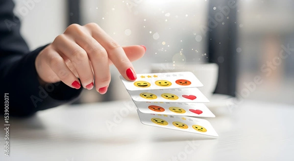 Obraz A woman's hand selecting an emoji card from a stack of feedback emotion cards isolated on white background, tarensparent background, png, jpg,jpeg,  on transparent background