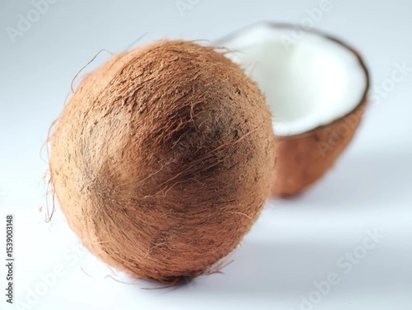 Obraz Close-up of a halved coconut showing white flesh and rough brown shell. Natural tropical fruit isolated on a neutral background with soft lighting
