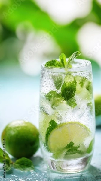 Obraz Refreshing mojito cocktail with lime, mint, and ice in a clear glass, set against a vibrant blue-green blur-perfect for summer and tropical themes