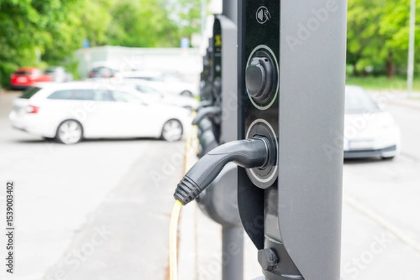 Fototapeta EV charger connected to a car during daytime. Sustainable mobility and green tech.