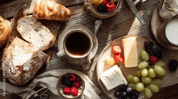 Obraz A cozy breakfast spread featuring fresh bread, croissants, a cheese and fruit platter, berries, coffee, and milk, all arranged on a rustic wooden table