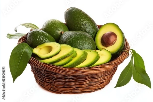 Obraz Fresh whole and halved avocados rest in a rustic wicker basket with green leaves, set against a clean white background-vibrant, natural, and healthy