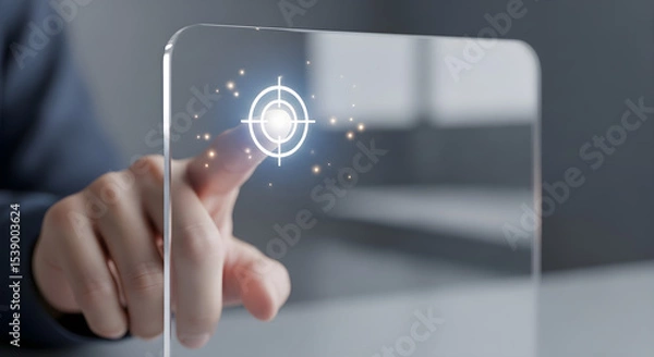 Obraz A hand touching a target symbol on a transparent screen with glowing particles isolated on white background, tarensparent background, png, jpg,jpeg,  on transparent background