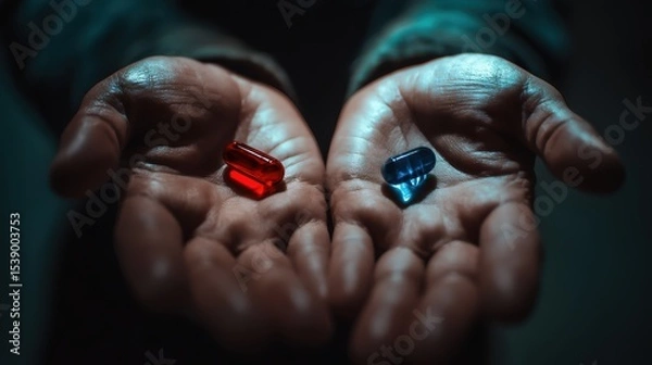 Obraz Two hands hold contrasting pills-a red capsule in one and a blue capsule in the other-symbolizing choice, duality, or moral dilemma against a dark, moody backdrop