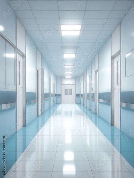 Obraz A pristine hospital corridor with polished floors, bright lights, and orderly chairs along the wall. Calm, sterile atmosphere, leading to a sunlit window