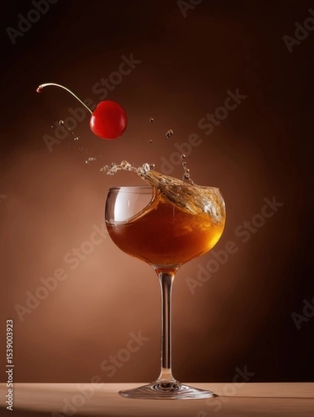 Obraz A ripe cherry splashes into a glass of whiskey, sending droplets flying in a dramatic burst. Vivid colors and liquid motion create a dynamic scene