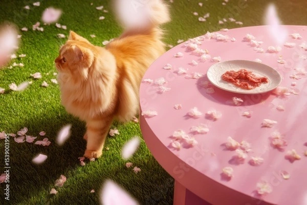 Obraz Fluffy orange cat on grass curiously eyes a plate of raw meat on a pink table scattered with flower petals-bright, whimsical springtime setting