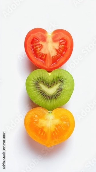 Obraz Three heart-shaped slices of tomato, kiwi, and orange are stacked vertically on a white background, creating a vibrant and healthy visual