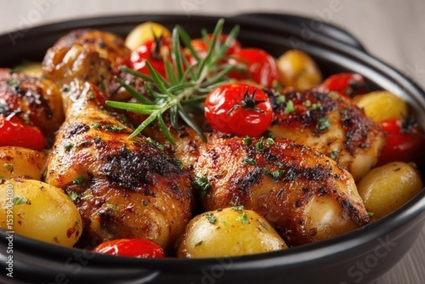Obraz Golden roasted chicken with crispy skin, garnished with herbs, served with potatoes and cherry tomatoes in a black bowl-comfort food perfection