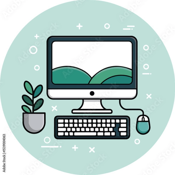 Fototapeta Modern Computer Setup with Plant in a Flat Design Style