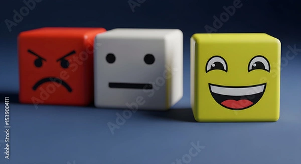 Obraz Three cubes displaying angry neutral and happy faces on a blue surface close up isolated on white background, tarensparent background, png, jpg,jpeg,  on transparent background
