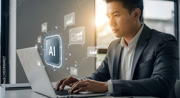 Obraz Man working on laptop with ai interface and data charts floating around the screen isolated on white background, tarensparent background, png, jpg,jpeg,  on transparent background