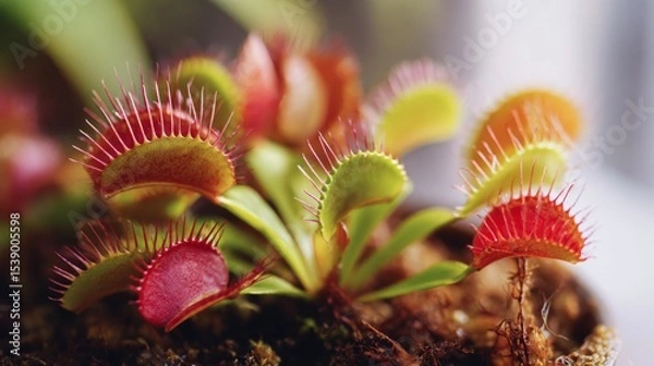 Fototapeta Dionaea muscipula: A close up studio image exotic Venus flytrap spiked green traps wide open natural light.