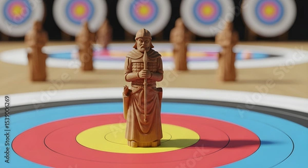 Obraz A warrior figurine stands on a target with other figurines and targets behind it isolated on white background, tarensparent background, png, jpg,jpeg,  on transparent background