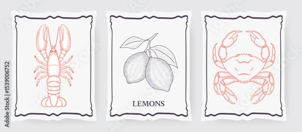 Obraz Vector vintage summer vacation placards, posters, or cards featuring doodle-style illustrations of a lobster, a crab, and lemons, all framed with grunge-style borders. Hand-drawn ink-engraved style.