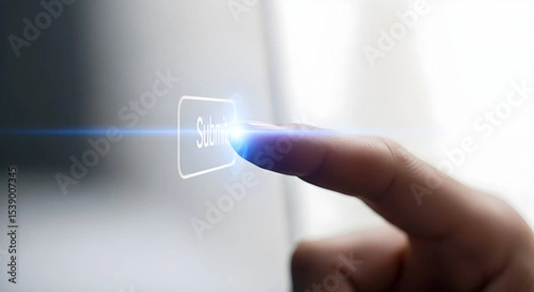Obraz A finger pressing a submit button on a screen with a bright blue light effect isolated on white background, tarensparent background, png, jpg,jpeg,  on transparent background