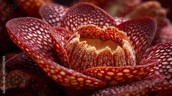 Fototapeta Rafflesia arnoldii: A studio close up photo parasitic flower massive reddish petals no visible stem roots rare otherworldly bloom.