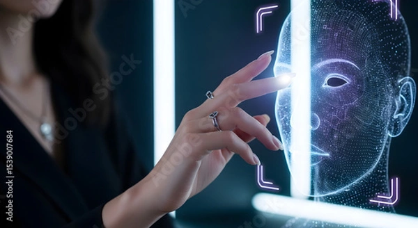 Obraz Woman interacting with a digital face scan technology using her fingertip touch isolated on white background, tarensparent background, png, jpg,jpeg,  on transparent background