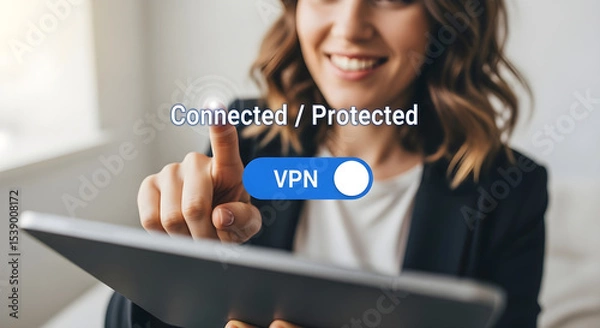 Obraz Woman using tablet with vpn connection showing connected and protected online data isolated on white background, tarensparent background, png, jpg,jpeg,  on transparent background