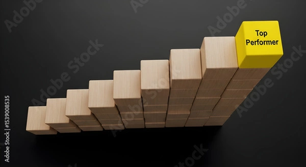 Obraz Wooden blocks arranged in ascending order with top performer block on the top isolated on white background, tarensparent background, png, jpg,jpeg,  on transparent background