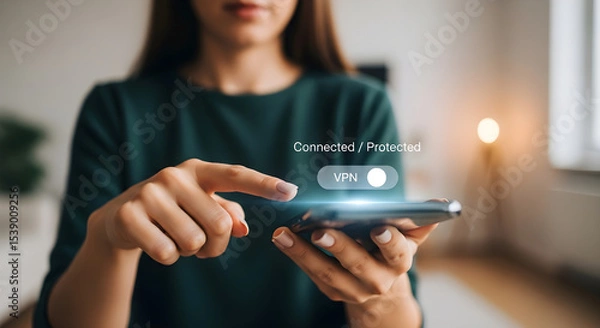 Obraz Woman using vpn on her smartphone for secure connection and data protection online isolated on white background, tarensparent background, png, jpg,jpeg,  on transparent background
