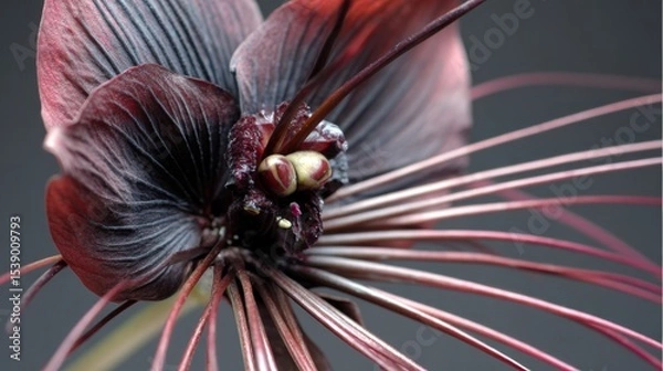 Fototapeta Tacca chantrieri: A close up studio photo long whiskers dark petals gothic presence mysterious exotic.