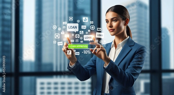 Obraz Woman in suit interacting with loan approval interface in front of city window isolated on white background, tarensparent background, png, jpg,jpeg,  on transparent background