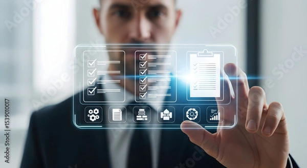 Obraz Man interacting with a transparent screen displaying checklist and data icons isolated on white background, tarensparent background, png, jpg,jpeg,  on transparent background