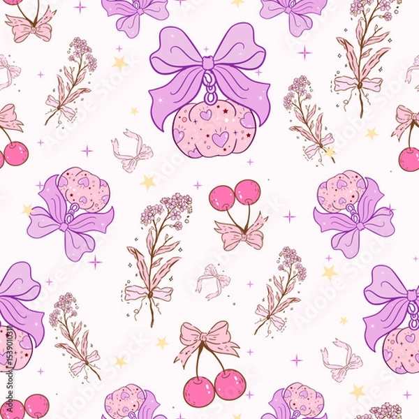 Obraz Coquette Halloween pattern seamless, vintage flowers, Vintage Retro Pink Seamless Pattern, purple Vintage Coquette happy Halloween seamless file, Retro pumpkin seamless file, Retro coquette wallpaper 