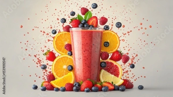 Obraz A colorful smoothie surrounded by various fruits, creating a vibrant and refreshing visual display.