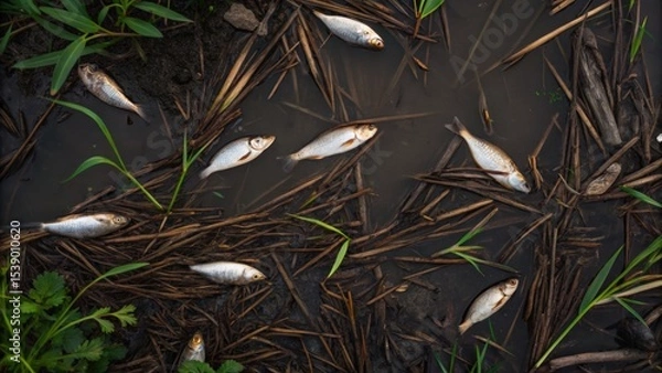 Fototapeta Dead fish scattered among water plants in a murky environment, suggesting pollution or environmental distress.