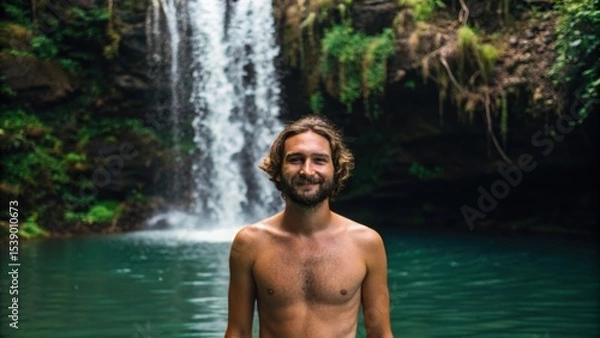 Fototapeta A man stands in a serene pool beneath a waterfall, surrounded by lush greenery, embodying a peaceful natural retreat.