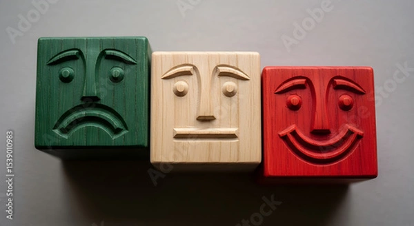 Obraz Three wooden blocks displaying different emotions like sad neutral and happy face isolated on white background, tarensparent background, png, jpg,jpeg,  on transparent background