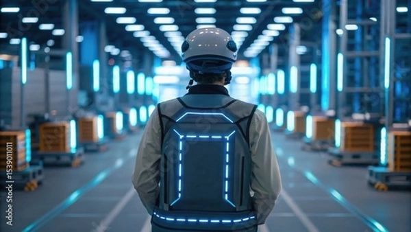 Fototapeta A person in a high-tech vest stands in a futuristic warehouse illuminated by bright lights, surrounded by robotic carts.