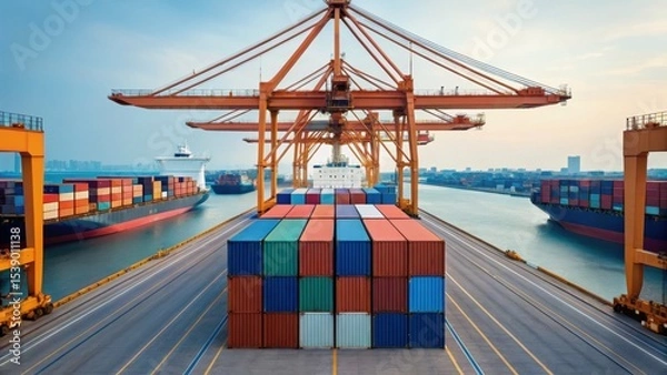 Fototapeta Large shipping containers are stacked at a port with cranes overhead, surrounded by cargo ships in the water, showcasing a busy maritime industry scene.