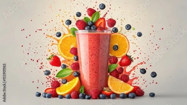 Fototapeta Vibrant smoothie surrounded by a splash of fresh fruits, including berries and citrus, creating a refreshing and colorful visual appeal.