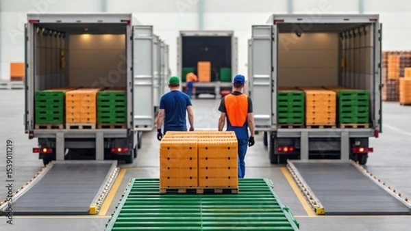 Fototapeta Two workers unloading boxes from trucks in a warehouse setting, showcasing logistics and transportation operations.