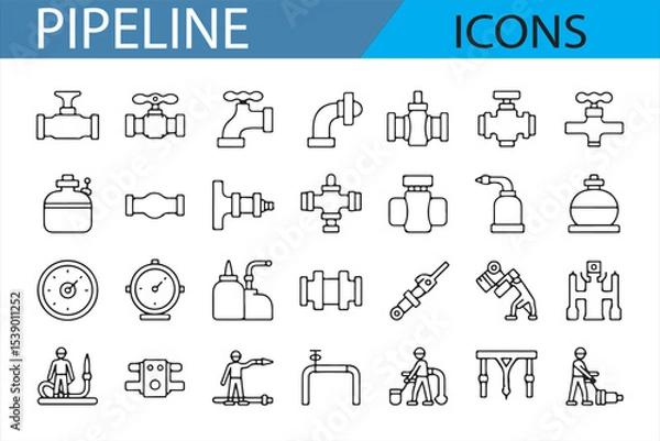 Fototapeta Flat Icons of Pressure Gauges, Valves, and Pipeline Elements