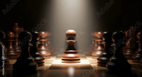 Obraz A focused pawn on a chessboard surrounded by other pieces in a dark setting isolated on white background, tarensparent background, png, jpg,jpeg,  on transparent background