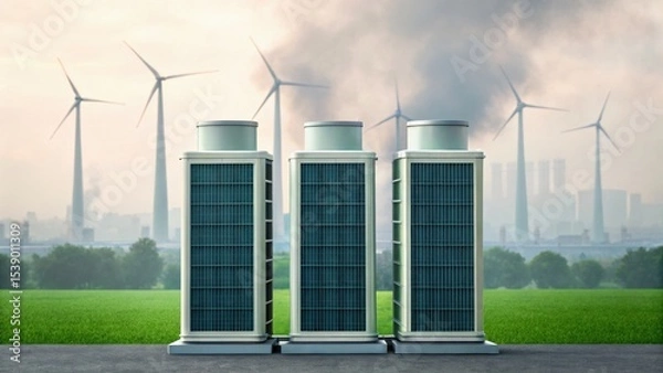 Fototapeta Modern buildings with wind turbines in the background, symbolizing sustainable energy and environmental responsibility.