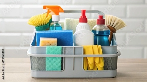 Fototapeta Cleaning supplies organized in a basket, featuring sponges, brushes, and various bottles for household chores.