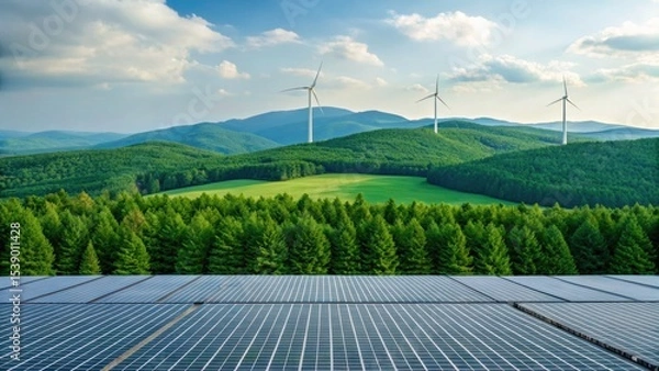 Fototapeta A panoramic view of lush green hills featuring wind turbines and solar panels, showcasing renewable energy and environmental sustainability.