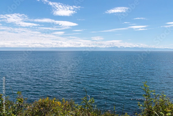 Fototapeta Clear summer day overlooking the calm, sparkling blue Pacific Ocean from a grassy bluff near Clover Point in Victoria, British Columbia, Canada.