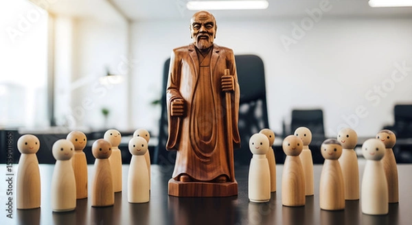 Obraz Wooden statue of a man with a beard surrounded by small wooden figures on a table isolated on white background, tarensparent background, png, jpg,jpeg,  on transparent background