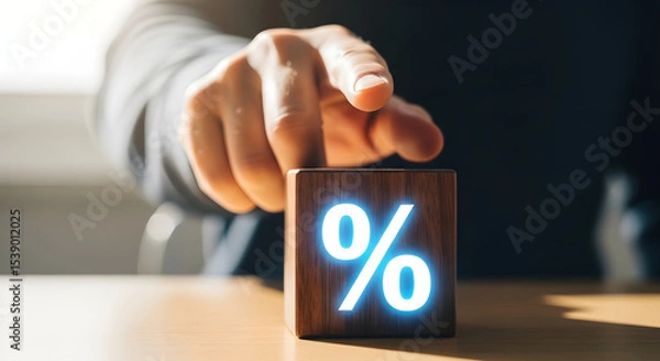 Obraz A hand reaching for a wooden block with a glowing percentage sign on the side isolated on white background, tarensparent background, png, jpg,jpeg,  on transparent background