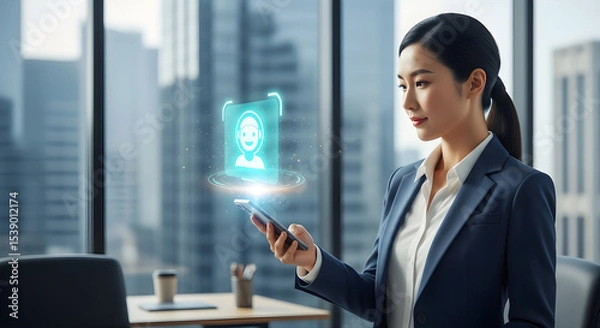 Obraz Asian woman in suit using smartphone with holographic interface in office setting isolated on white background, tarensparent background, png, jpg,jpeg,  on transparent background