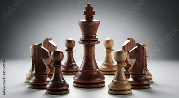 Obraz A king chess piece surrounded by pawns and knights on a neutral background lit well isolated on white background, tarensparent background, png, jpg,jpeg,  on transparent background