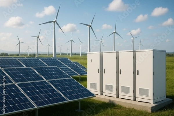 Fototapeta Renewable energy field with solar panels, wind turbines, and electrical cabinets working together to generate and store sustainable power under a blue sky