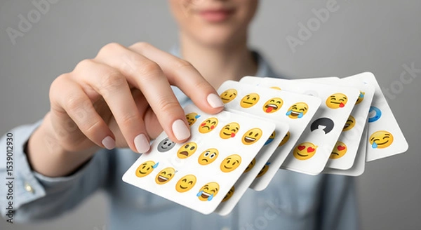 Obraz A woman holding a stack of cards with various emoji faces on them in her hand isolated on white background, tarensparent background, png, jpg,jpeg,  on transparent background