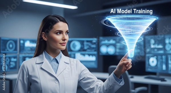Obraz Woman in lab coat interacts with ai model training funnel on digital screens isolated on white background, tarensparent background, png, jpg,jpeg,  on transparent background